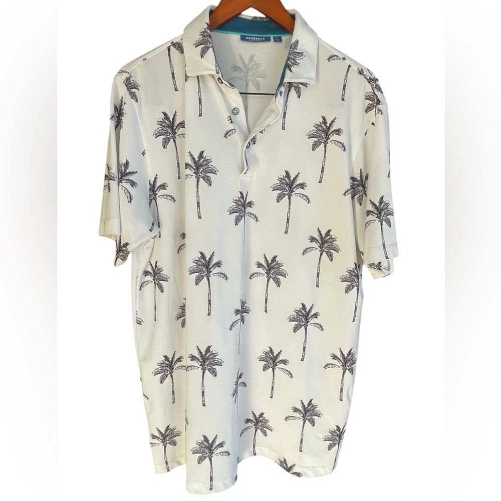 🖤⛳️NWOT DEVEREUX golf polo shirt size L in cool palm tree pattern in black/white